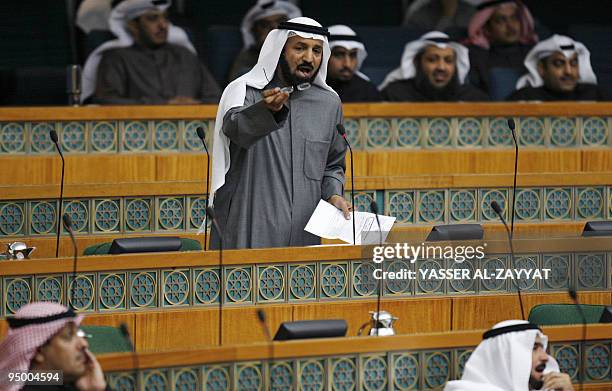 Kuwaiti MP Khaled al-Adwa addresses a parliament session in Kuwait City on December 22, 2009. Kuwait has been rocked with political instability...