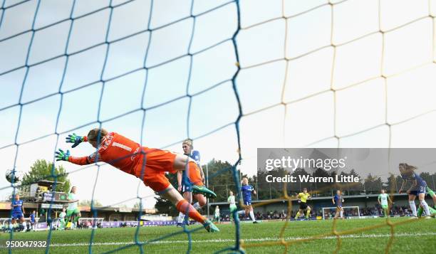 Lara Dickenmann of Wolfsburg scores the third goal during the UEFA Womens Champions League semi-final first leg match between Chelsea Ladies and...