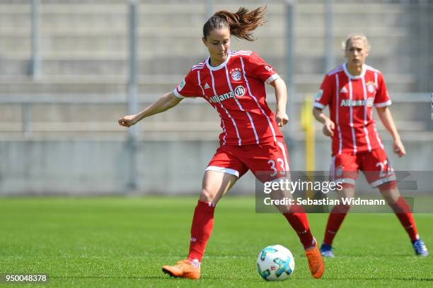 Sara Daebritz of Bayern Muenchen plays the ball during the Allianz Frauen Bundesliga match between FC Bayern Muenchen Women's and USV Jena Women's at...