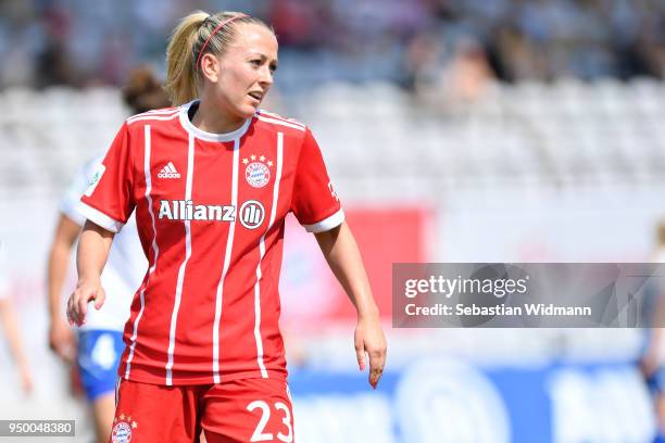 Mandy Islacker of Bayern Muenchen looks on during the Allianz Frauen Bundesliga match between FC Bayern Muenchen Women's and USV Jena Women's at...