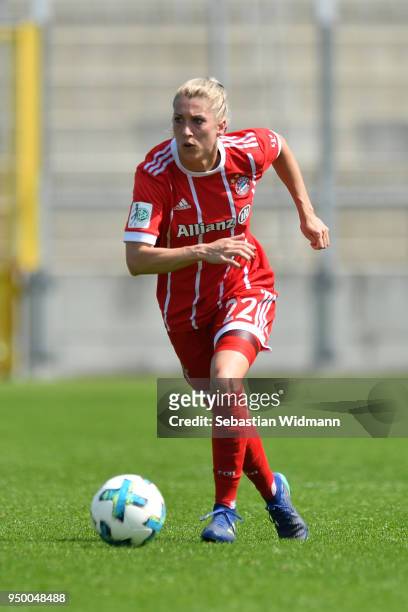 Verena Faisst of Bayern Muenchen plays the ball during the Allianz Frauen Bundesliga match between FC Bayern Muenchen Women's and USV Jena Women's at...