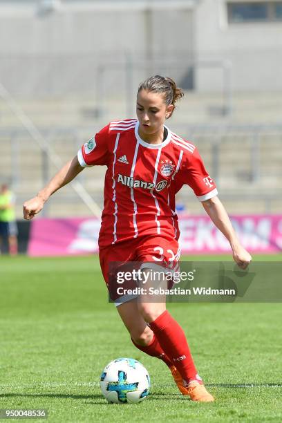 Sara Daebritz of Bayern Muenchen plays the ball during the Allianz Frauen Bundesliga match between FC Bayern Muenchen Women's and USV Jena Women's at...