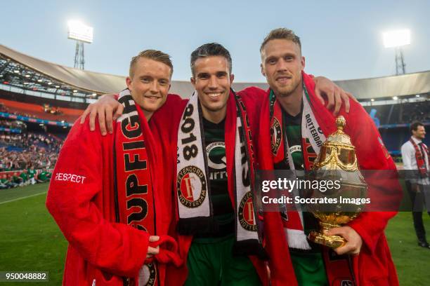 Sam Larsson of Feyenoord, Robin van Persie of Feyenoord, Nicolai Jorgensen of Feyenoord celebrates the championship with trophy during the Dutch KNVB...