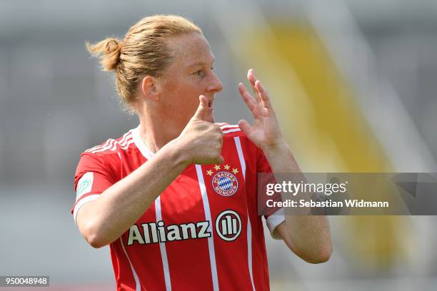 Melanie Behringer of Bayern Muenchen gestures during the Allianz Frauen Bundesliga match between FC Bayern Muenchen Women's and USV Jena Women's at...