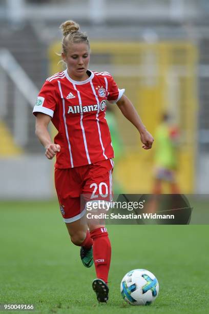 Leonie Maier of Bayern Muenchen plays the ball during the Allianz Frauen Bundesliga match between FC Bayern Muenchen Women's and USV Jena Women's at...
