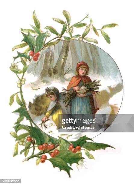 holly and mistletoe frame with two victorian girls collecting firewood - archival stock illustrations