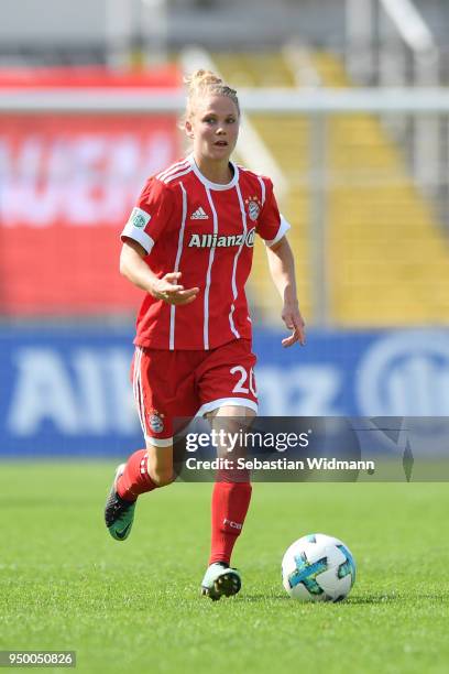 Leonie Maier of Bayern Muenchen plays the ball during the Allianz Frauen Bundesliga match between FC Bayern Muenchen Women's and USV Jena Women's at...