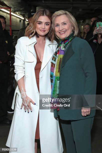 Lucy Hale and Hillary Clinton attend Beautycon Festival NYC 2018 - Day 2 at Jacob Javits Center on April 22, 2018 in New York City.