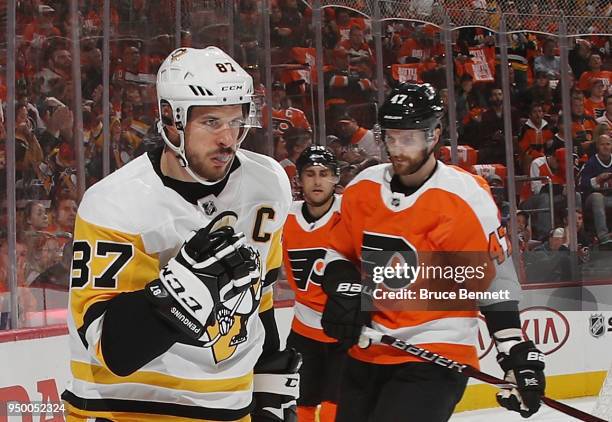 Sidney Crosby of the Pittsburgh Penguins celebrates his goal at 6:30 of the first period against the Philadelphia Flyers in Game Six of the Eastern...