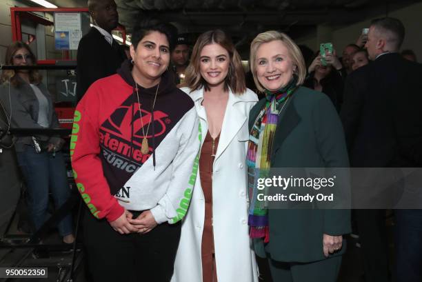 Beautycon Founder Moj Mahdara, Lucy Hale and Hillary Clinton attend Beautycon Festival NYC 2018 - Day 2 at Jacob Javits Center on April 22, 2018 in...