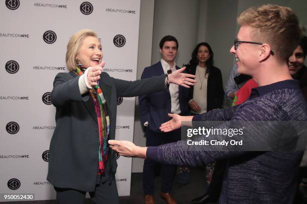 Hillary Clinton and Tyler Oakley attend Beautycon Festival NYC 2018 - Day 2 at Jacob Javits Center on April 22, 2018 in New York City.