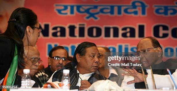 Nationalist Congress Party President Sharad Pawar, P.A Sangma and Agatha Sangma during the party's National Convention in New Delhi on Sunday,...