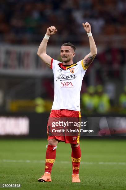 Gaetano Letizia of Benevento Calcio celebrates after a goal of his team during the Serie A football match between AC Milan and Benevento Calcio....