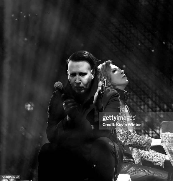 Marilyn Manson and Yoshiki of X Japan perform onstage during the 2018 Coachella Valley Music And Arts Festival at the Empire Polo Field on April 21,...