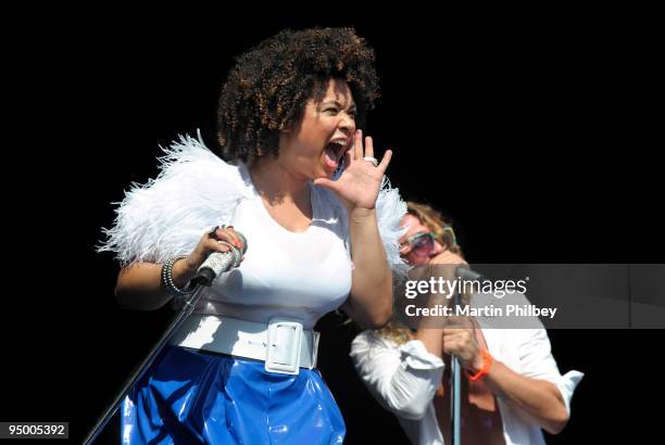 Connie Mitchell and MC Double D of Sneaky Sound System perform on stage at Homebush Olympic Venue during Big Day Out Sydney on January 23rd 2009 in...