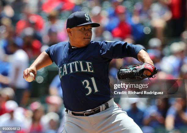 Erasmo Ramirez of the Seattle Mariners pitches in the first inning of a baseball game against the Texas Rangers at Globe Life Park in Arlington on...