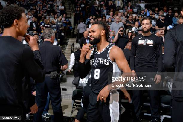 Patty Mills of the San Antonio Spurs before Game Four of the Western Conference Quarterfinals against the Golden State Warriors during the 2018 NBA...