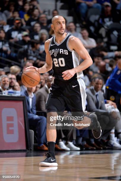 Manu Ginobili of the San Antonio Spurs handles the ball against the Golden State Warriors in Game Four of the Western Conference Quarterfinals during...