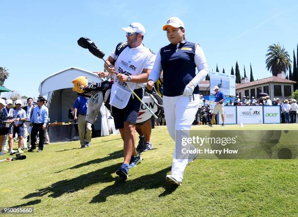 Inbee Park of South Korea leaves the first tee box during round four of the Hugel-JTBC Championship at the Wilshire Country Club on April 22, 2018 in...