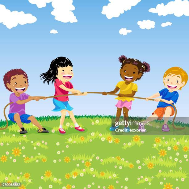 children playing tug of war - tug of war stock illustrations