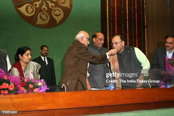 Leaders Sushma Swaraj, L.K. Advani, Rajnath Singh and Arun Jaitley at the BJP Parliamentary Board meeting in New Delhi on December 18, 2009.