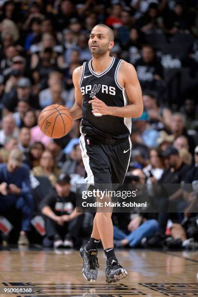 Tony Parker of the San Antonio Spurs handles the ball aGolden State Warriors in Game Four of the Western Conference Quarterfinals during the 2018 NBA...
