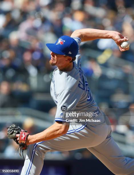 Tyler Clippard of the Toronto Blue Jays in action against the New York Yankees at Yankee Stadium on April 21, 2018 in the Bronx borough of New York...