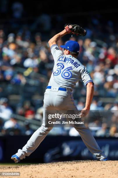 Tyler Clippard of the Toronto Blue Jays in action against the New York Yankees at Yankee Stadium on April 21, 2018 in the Bronx borough of New York...