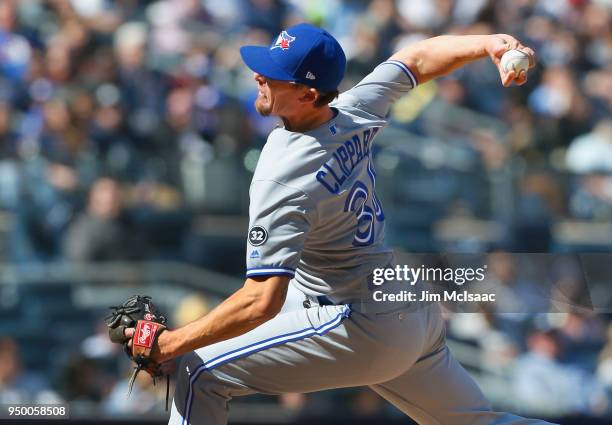 Tyler Clippard of the Toronto Blue Jays in action against the New York Yankees at Yankee Stadium on April 21, 2018 in the Bronx borough of New York...