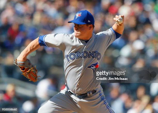 Aaron Loup of the Toronto Blue Jays in action against the New York Yankees at Yankee Stadium on April 21, 2018 in the Bronx borough of New York City....