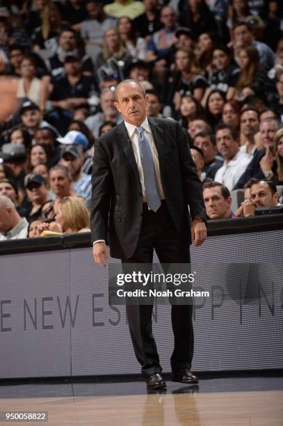 Assistant Coach Ettore Messina of the San Antonio Spurs coaches during the game against the Golden State Warriors in Game Four of Round One of the...