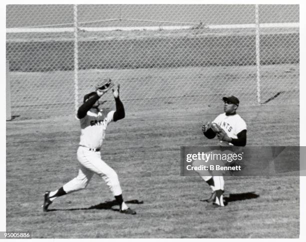 Willie Mays of the San Francisco Giants watches as teammate Willie McCovey gets under a fly ball for the catch during their World Series game against...