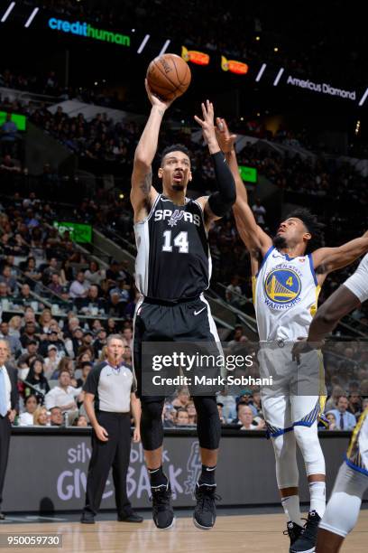 Danny Green of the San Antonio Spurs shoots the ball against the Golden State Warriors in Game Four of the Western Conference Quarterfinals during...