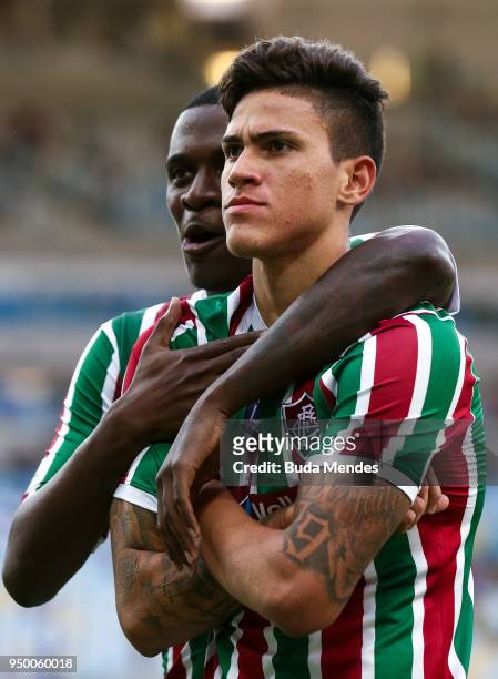 Pedro Santos and Frazan of Fluminense celebrate a scored goal against Cruzeiro during a match between Fluminense and Cruzeiro as part of Brasileirao...