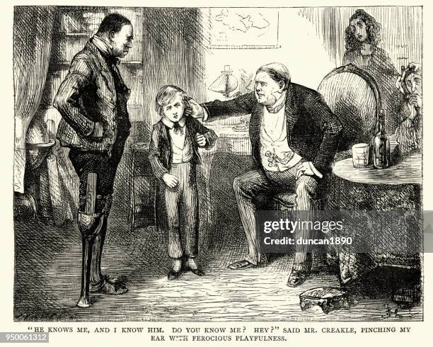 david copperfield, charles dickens, pinching my ear with ferocious playfulness - charles dickens stock illustrations