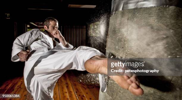 karate kick into punching bag - martial arts stock pictures, royalty-free photos & images