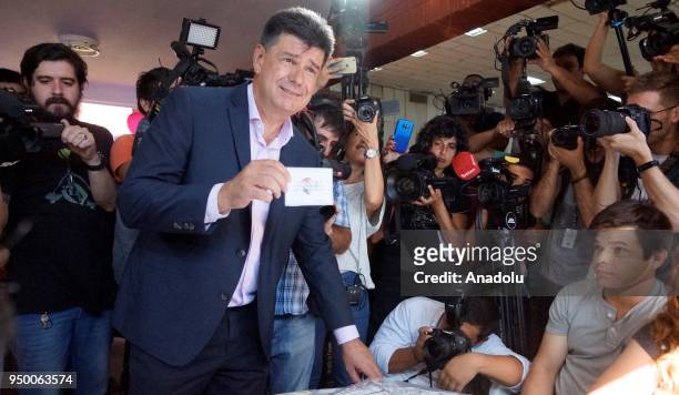 Presidential candidate Efrain Alegre of "Ganar" alliance votes at a polling station during the presidential election in Asuncion, Paraguay on April...