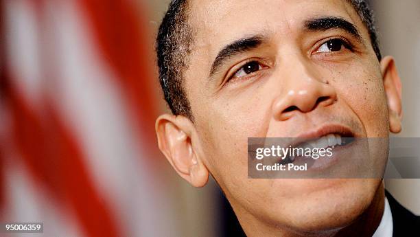 President Barack Obama speaks during a meeting with CEOs of several small and community banks December 22, 2009 in the Roosevelt Room at the White...