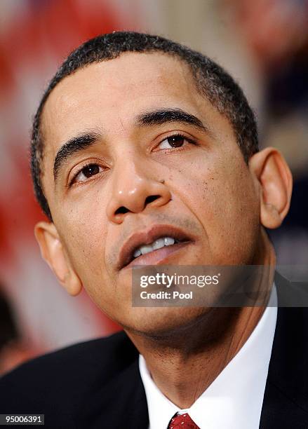 President Barack Obama speaks during a meeting with CEOs of several small and community banks December 22, 2009 in the Roosevelt Room at the White...