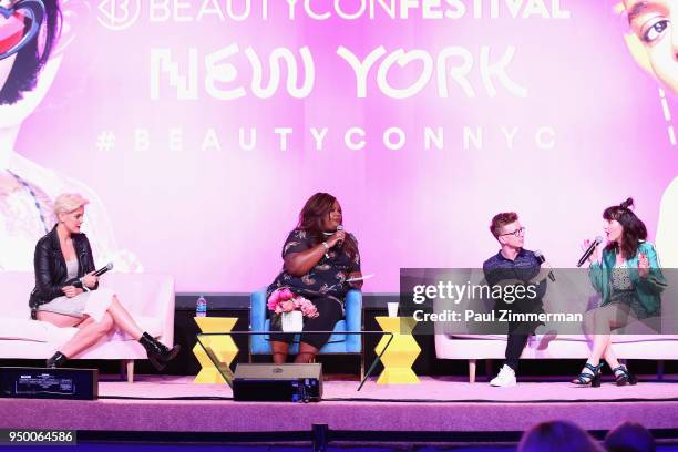 Betty Who, Nicole Byer, Tyler Oakley, and Piera Gelardi speak on a panel during Beautycon Festival NYC 2018 - Day 2 at Jacob Javits Center on April...