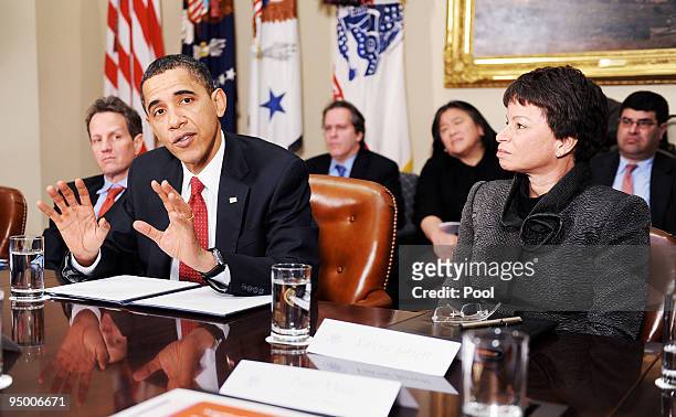 Flanked by Secretary of the Treasury Timothy Geithner and senior advisor Valerie Jarrett, President Barack Obama speaks during a meeting with CEOs of...