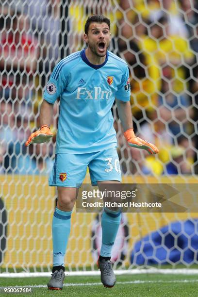 Orestis Karnezis of Watford in action during the Premier League match between Watford and Crystal Palace at Vicarage Road on April 21, 2018 in...