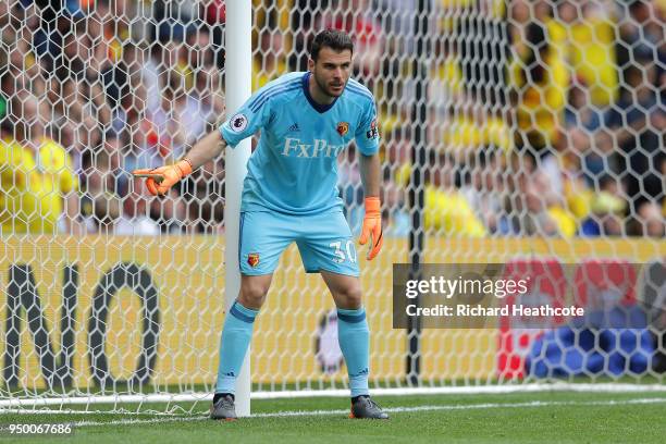 Orestis Karnezis of Watford in action during the Premier League match between Watford and Crystal Palace at Vicarage Road on April 21, 2018 in...