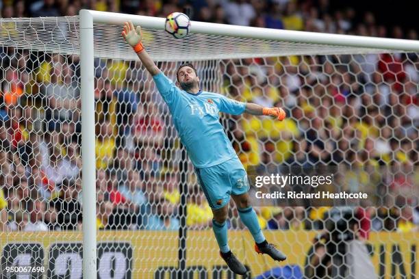 Orestis Karnezis of Watford in action during the Premier League match between Watford and Crystal Palace at Vicarage Road on April 21, 2018 in...