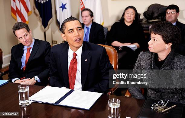 President Barack Obama speaks during a meeting with executives of a dozen community banks and Timothy Geithner, U.S. Treasury secretary, left, and...