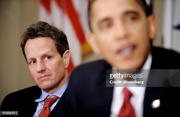 President Barack Obama speaks during a meeting with executives of a dozen community banks and Timothy Geithner, U.S. Treasury secretary, left, in the...
