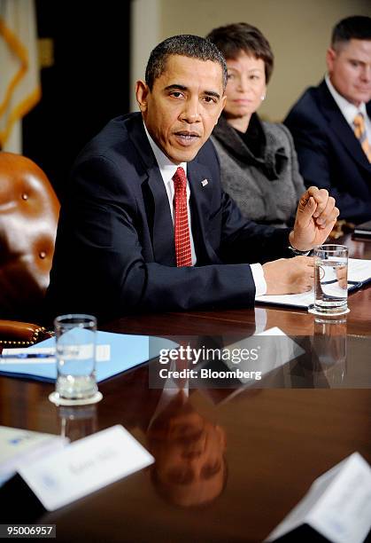 President Barack Obama speaks during a meeting with executives of a dozen community banks in the Roosevelt Room of the White House in Washington,...