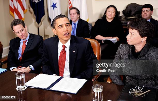 Flanked by Secretary of the Treasury Timothy Geithner and senior advisor Valerie Jarrett, President Barack Obama speaks during a meeting with CEOs of...