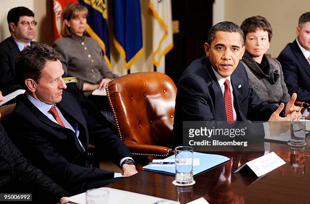 President Barack Obama speaks during a meeting with executives of a dozen community banks and Timothy Geithner, U.S. Treasury secretary, left, and...