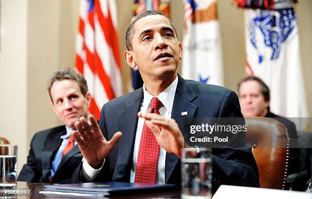 President Barack Obama speaks during a meeting with CEOs of several small and community banks as Timothy Geithner, Secretary of the Treasury listens...